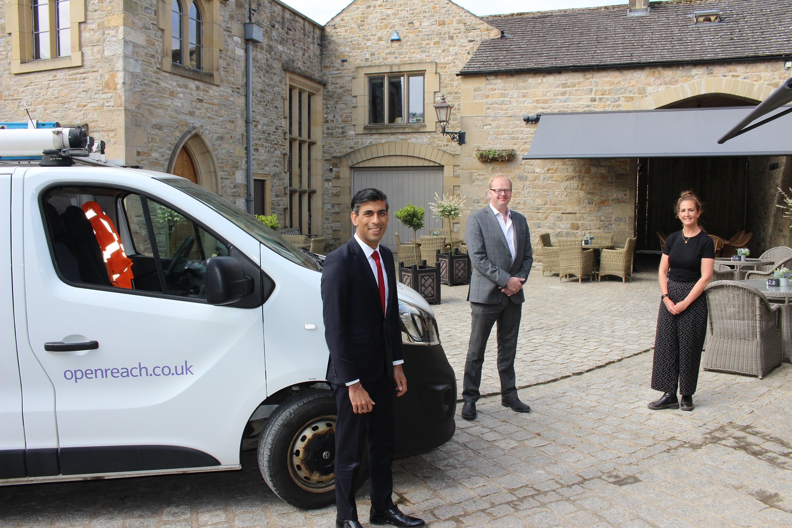 Rishi Sunak MP with Leo Morris, Manager of The Saddle Rooms and Ria Marshall-Rowe, Front of House Manager of The Saddle Rooms