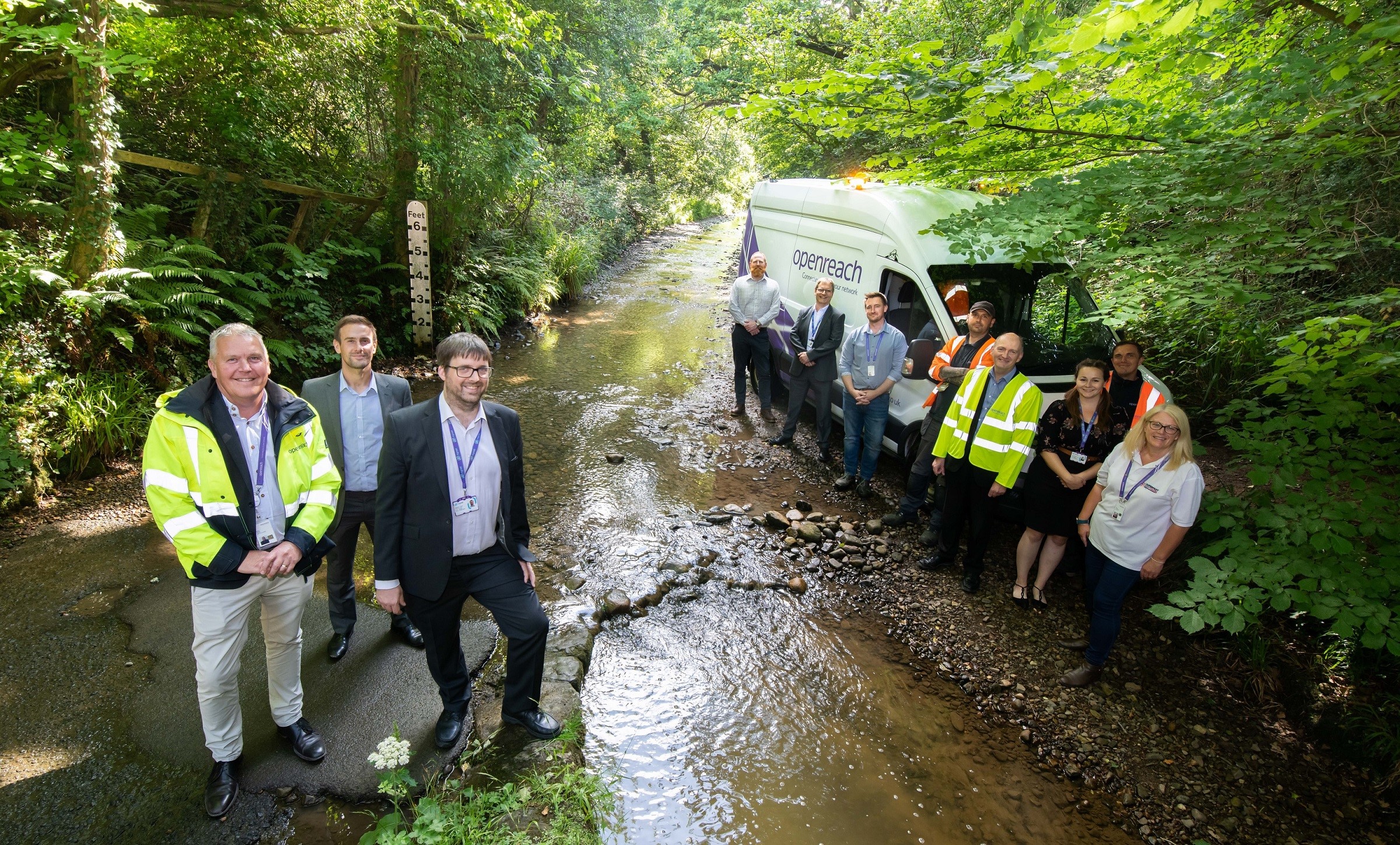 Mike Poole of Openreach, Matthew Lovegrove of Openreach and Alastair Taylor of NYnet with colleagues from Building Digital UK, NYnet and Openreach near Boggle Hole, close to Robin Hood’s Bay, which is one of the areas to benefit from the roll-out of superfast broadband. 